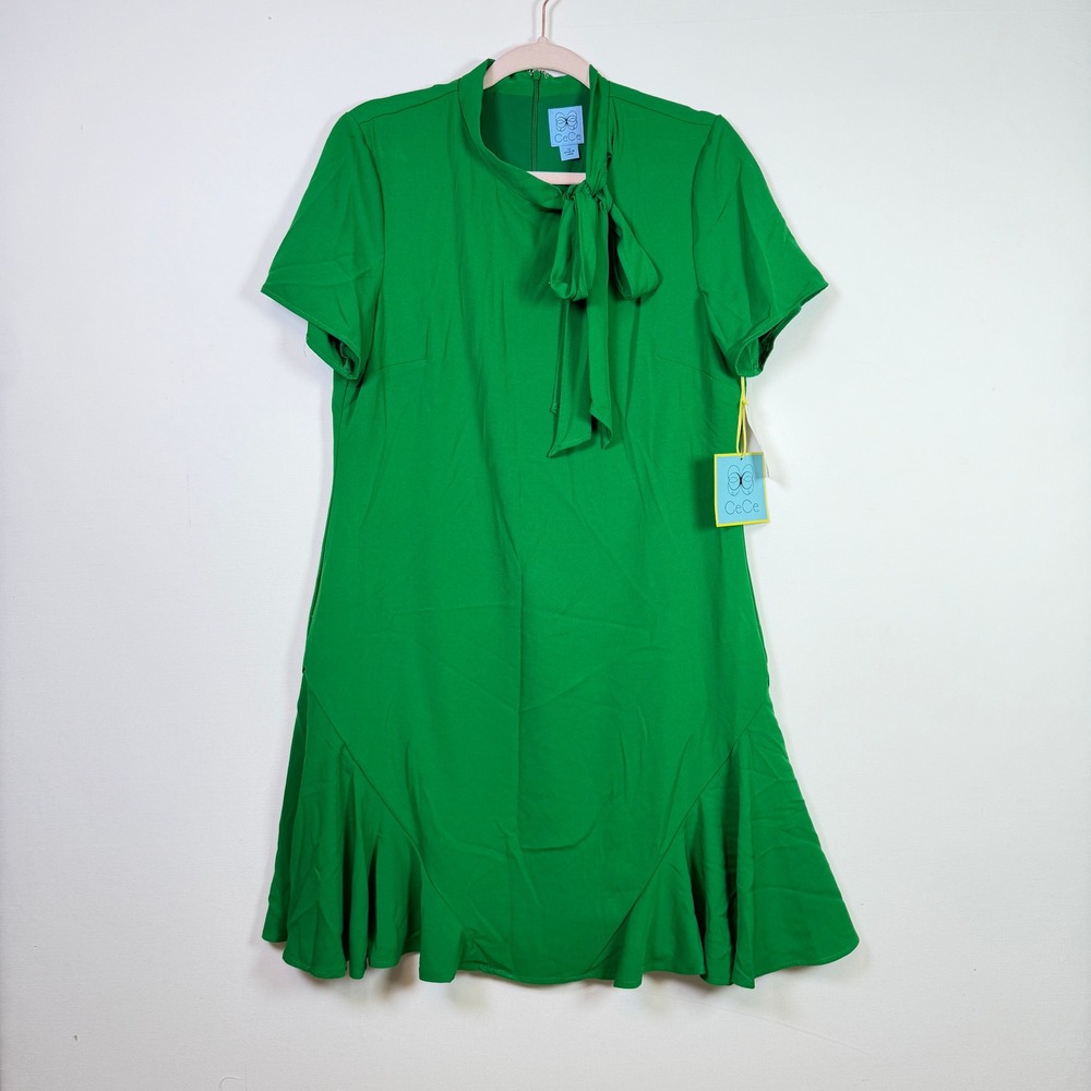CeCe Lush Green Tie Neck Ruffle Hem Shift Dress‎ 12